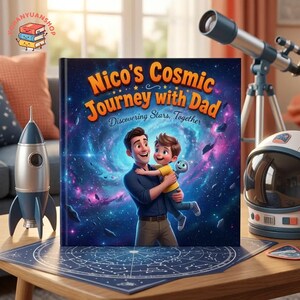 May include: A hardcover book titled Nico's Cosmic Journey with Dad: Discovering Stars, Together. The cover features an illustration of a parent holding a child against a vibrant purple and blue nebula background with floating asteroids and stars.