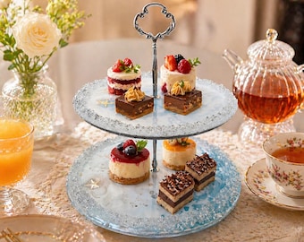 Gelaagd dienblad van oceaanepoxy, tweelaags dessert, cakevorm van hars, serveerblad kust