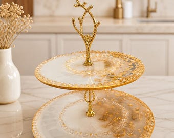 Soporte de postres de resina de lujo de 2 niveles color oro, con diseño de mármol para decoración nupcial.