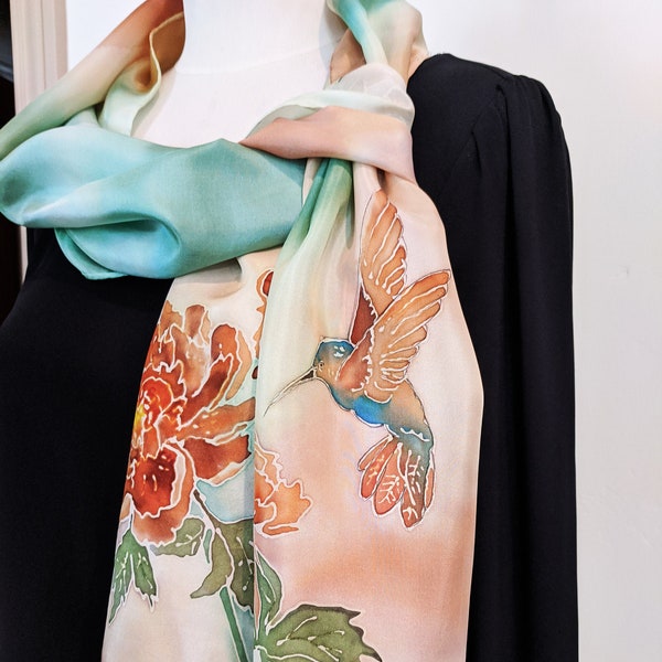 Silk Scarf with hand painted Peach Flowers and Hummingbird on Peach and Green Background 14x70 inches Gift for yourself, Mother, Anniversary