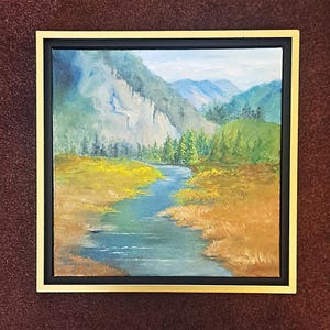 Original Oil Painting Trees and Mountains~ framed in a black and gold frame ~ 12x12 inches
