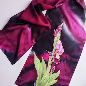 Silk Scarf with hand painted Iris on Magenta Background 14X70inch Gift for Yourself, Mother, Anniversary, Birthday, Christmas!