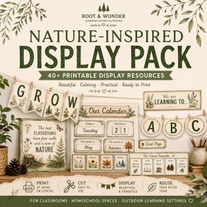 Paquete de decoración para el aula con temática de naturaleza / Pack de decoración para el aula con temática de bosque / Guirnalda del alfabeto, horario visual, pósteres / Material imprimible para la escuela en el bosque