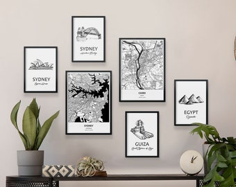 Set Of 6 Maps Prints  Cities And Monuments In Black And White. Nordic Style Minimalist Wall Decor.