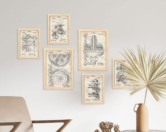 Set Of 6 Patent Posters Vintage Illustration With Beige Background Antique Style Poster With Inventions And Gadgets For Decoration