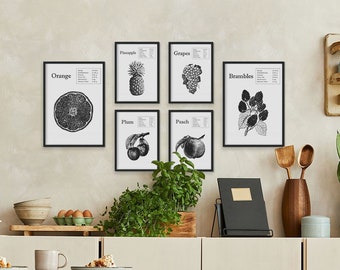 Set Of 6 Vegetables Prints In Black And White. Wall Art Posters In Collage Aesthetic. Wall Decor. Art Gallery Illustrations.