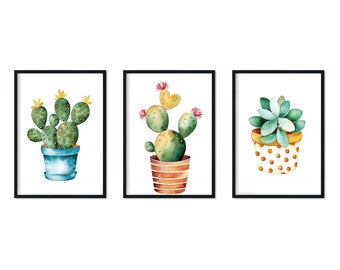 Set Of 3 Watercolour Cactus Print, Decorative Wall Art, Botanical Illustration Painting For Modern Decoration