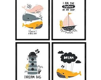 Pack de Cuatro Posters con Ilustraciones de Ballenas. Láminas con imágenes Infantiles de Ballenas. Ballenas Faro Marino Barco