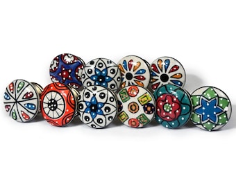 Set Of 10 Multicoloured Hand Painted Ceramic Knobs In Mosaic Style. Handmade Knobs For Wardrobes,drawers, Nightstands, Kitchen And Bathroom