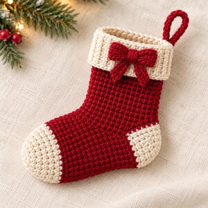 Peut inclure: Une chaussette de Noël crochetée rouge foncé avec le bout et le talon de couleur crème. Le revers supérieur est côtelé en fil crème et orné d'un petit nœud crocheté rouge foncé assorti. Une boucle en fil rouge est fixée pour suspendre.
