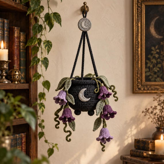 Cauldron Crochet Pattern, Gothic Wall Hanging, Witchy Home Decor PDF, Bellflower Moon Garden Tutorial
