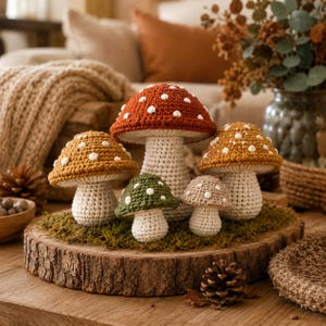 May include: A collection of five crocheted mushrooms in varying sizes and colors, including rust, mustard, green, and beige caps with white spots, all featuring cream-colored stems and arranged on a circular wooden slice covered in green moss.
