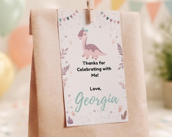 Dinosaur Thank You Tag Girl Editable Template, Printable Dino Party Favor Tag Canva