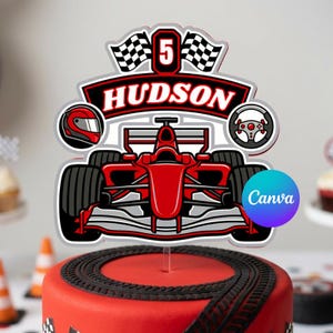 Race car birthday cake topper editable, custom name age, checkered flag, racing car topper, car party decor, printable