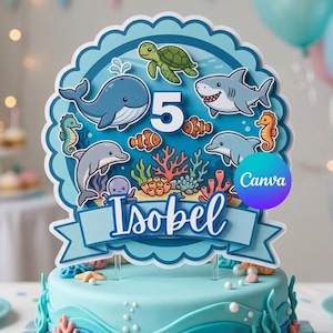 Personalisierter Ocean Cake Topper, bearbeitbarer Name und Alter, unter dem Meerestiere, Geburtstagsparty druckbar, Baby-Dusche-Dekor, Canva-Vorlage