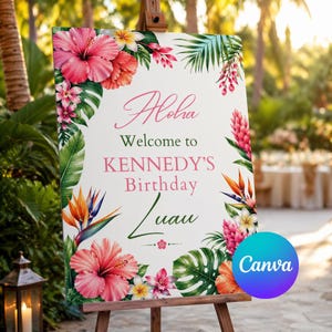May include: A rectangular white welcome sign featuring pink and orange hibiscus, bird of paradise, and tropical palm leaf illustrations. The text reads Aloha Welcome to KENNEDY'S Birthday Luau in a mix of pink script and green serif fonts.