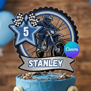 Mountain bike birthday cake topper editable, personalized name and age, dirt bike theme, printable template, boy party decor, canva