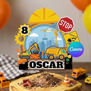 May include: A construction-themed cake topper featuring a yellow hard hat, a crane, a yellow excavator, a yellow dump truck, a red stop sign, and a yellow construction zone sign. The topper displays the number 8 and the name OSCAR in bold text.