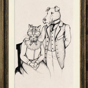May include: A framed black and white illustration depicts a cat and dog anthropomorphized in formal attire. The cat, seated, wears a dress and bow tie. The dog, standing, wears a suit and places a hand on the cat's shoulder. The artwork is in a dark wooden frame.