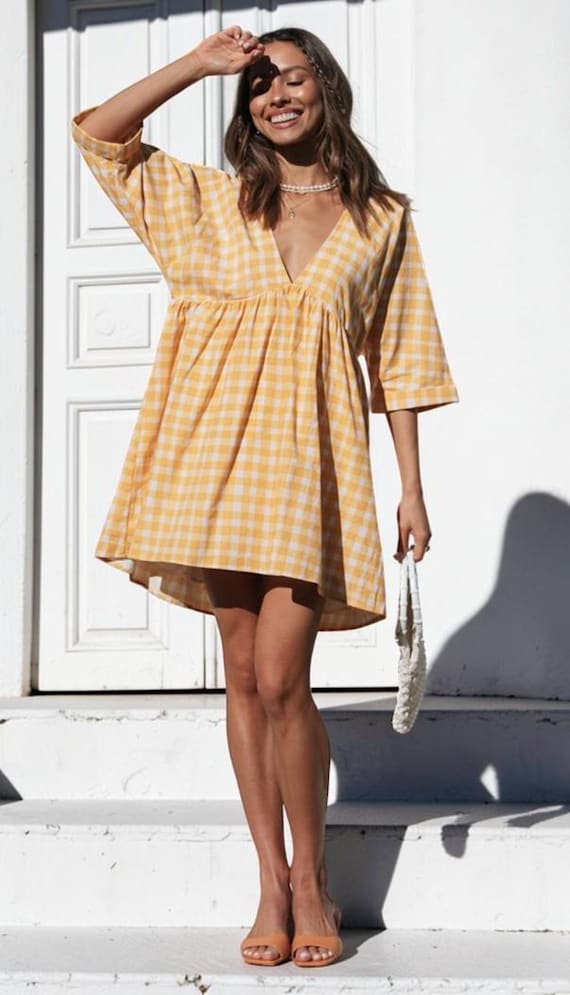 v neck check mini dress Rhythm Lola Check Mini Dress Blue SantoLoco Hawaii