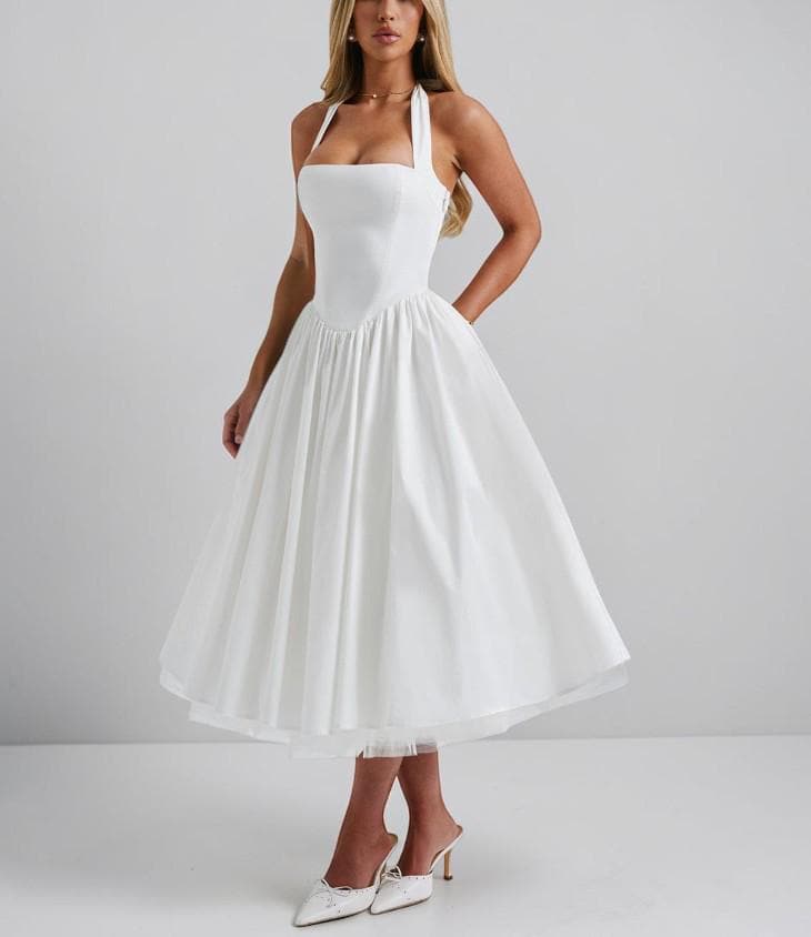 white tulle halter dress Andria Halterneck Tulle Midi Dress Ivory