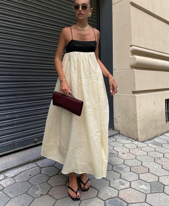 cream and black maxi dress & Linen Cotton Dress, Linen Dress, Maxi Pattern, Cotton Dress, Two Tone, Maxi Boho Dress, Flowy Ideal for summer events
