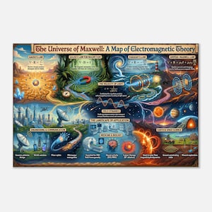 May include: A rectangular educational poster titled The Universe of Maxwell: A Map of Electromagnetic Theory. It features colorful illustrations of physics concepts, including Gauss's Law, Faraday's Law, and Ampere-Maxwell Law, alongside engineering, medicine, and space science applications.