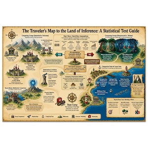 Peut inclure: Une affiche éducative rectangulaire intitulée The Traveler's Map to the Land of Inference: A Statistical Test Guide. La carte présente des paysages illustrés, des châteaux et des icônes représentant divers tests statistiques, arbres de décision et méthodes d'analyse.