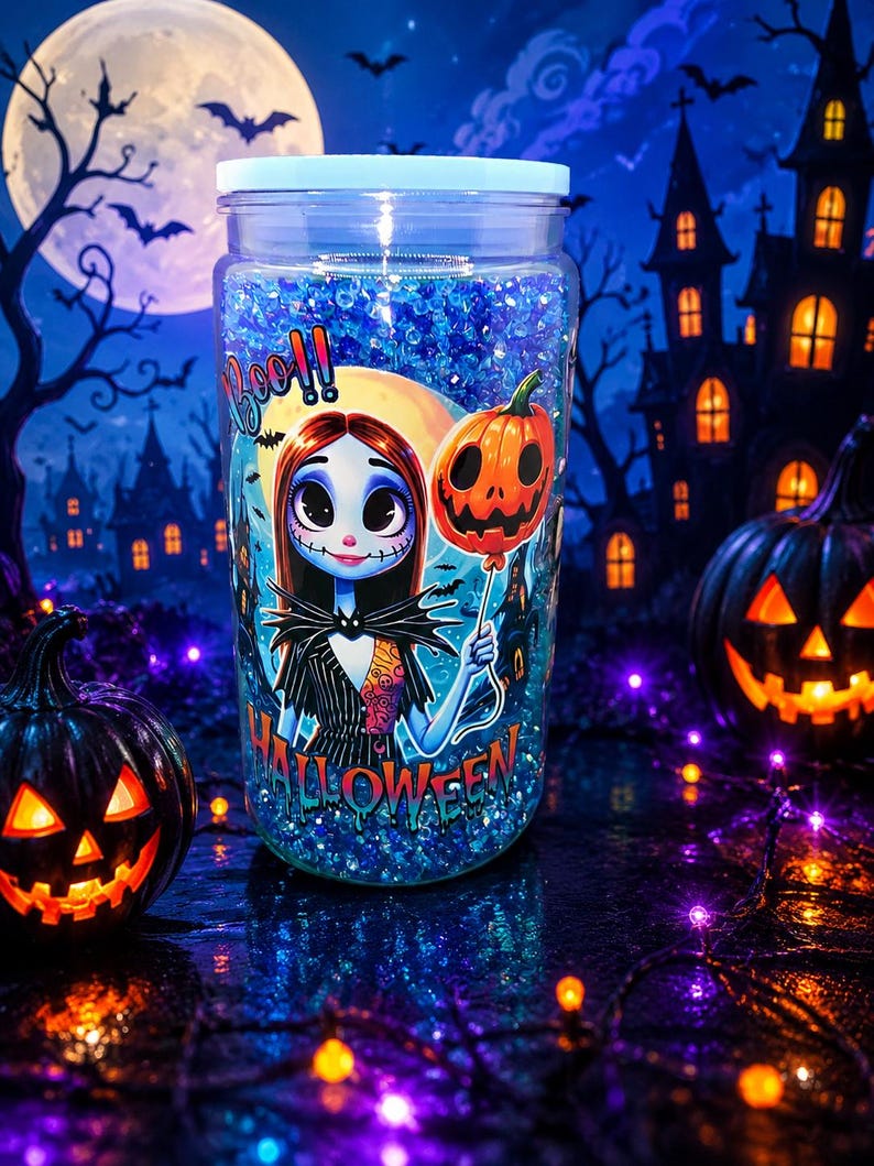 May include: A clear glass jar with a light blue lid filled with blue glitter. The jar features a Halloween-themed graphic of a character holding a pumpkin balloon. The word "Halloween" is printed on the jar.