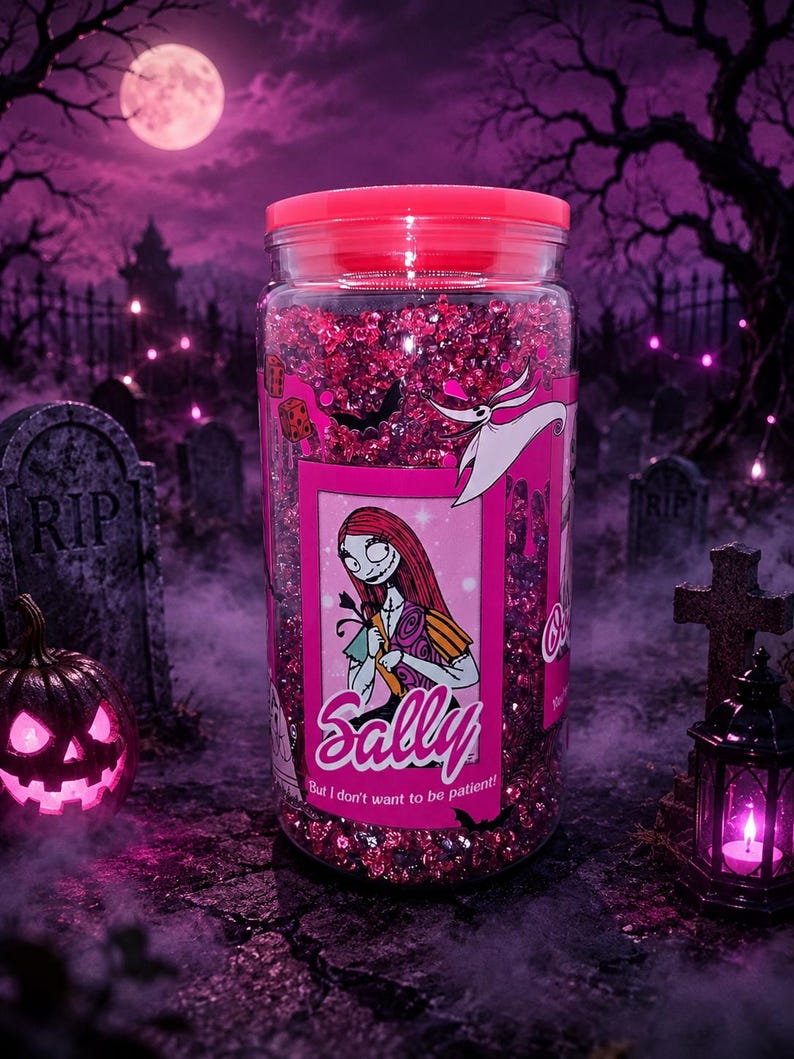 K&ouml;nnte beinhalten: Ein klares Glas mit einem rosa Deckel, gef&uuml;llt mit rosa Glitzer. Das Glas hat ein Etikett mit der Figur Sally aus The Nightmare Before Christmas. Der Hintergrund zeigt eine Friedhofsszene mit Vollmond.