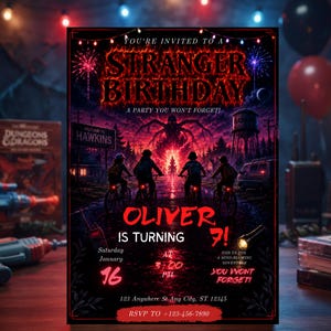 May include: A rectangular birthday invitation card featuring a dark, fiery theme with four figures on bicycles riding toward a glowing portal. Text reads: YOU'RE INVITED TO A STRANGER BIRTHDAY, OLIVER IS TURNING 7, Saturday January 16 at 3:00 PM, 123 Anywhere St. Any City, ST 12345, RSVP TO +123-456-7890.