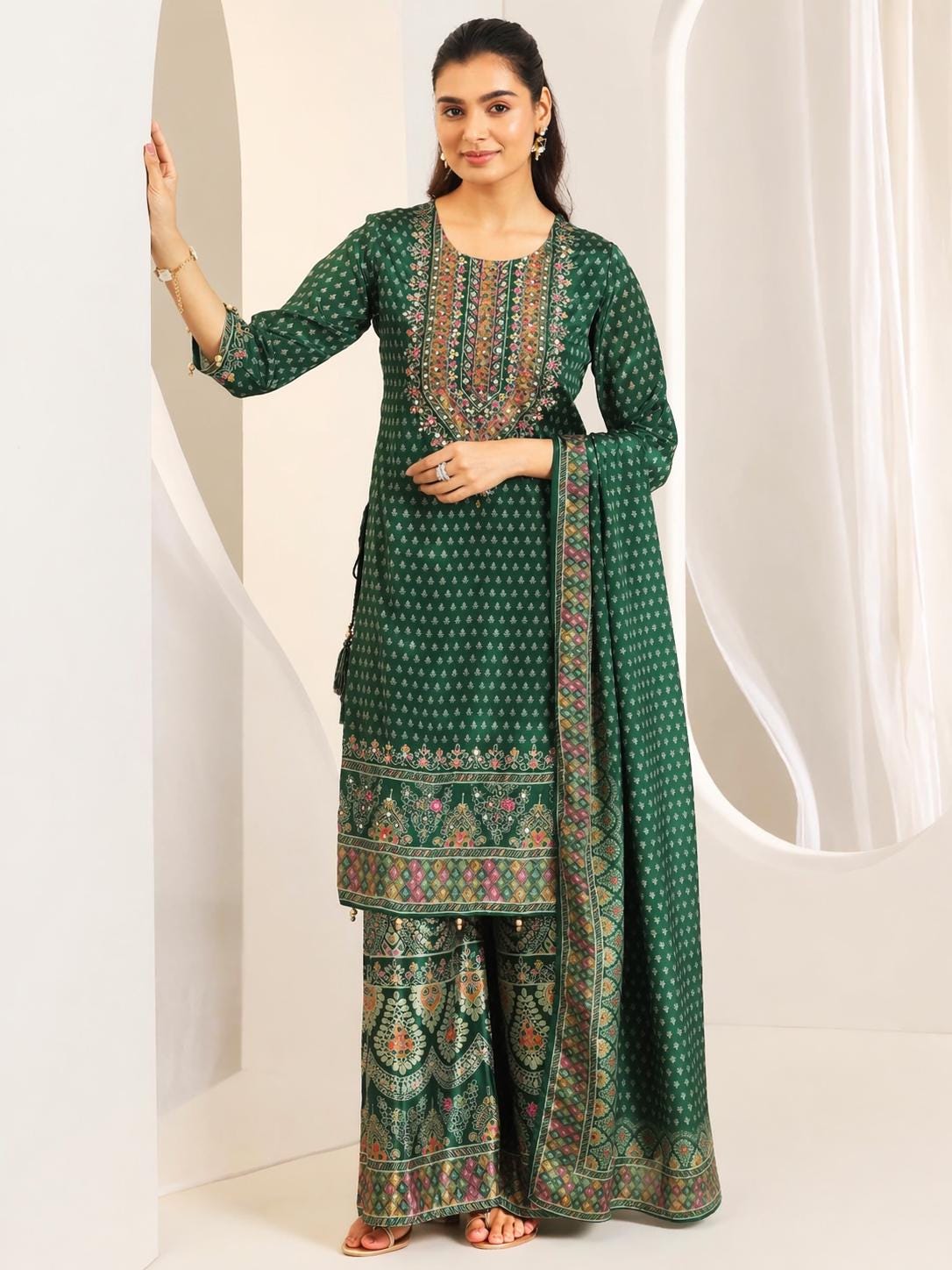 green ghagra dress Dark Green Embroidered Lehenga Unstitched main image 1