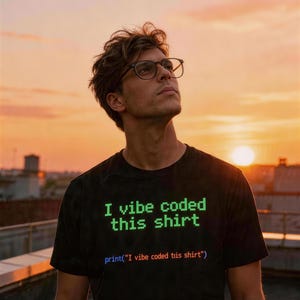 Op de afbeelding: Zwart T-shirt met de tekst "I vibe coded this shirt" in groen en de code "print("I vibe coded this shirt")" in blauw. Het shirt wordt gedragen door een persoon met een bril, tegen een zonsondergang.