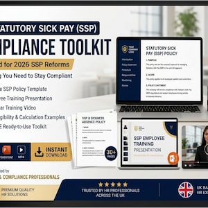 May include: A digital compliance toolkit for UK Statutory Sick Pay featuring a laptop displaying policy documents, a stack of printed papers, and a video presentation. The graphic includes text detailing 2026 reforms, training materials, and HR resources.