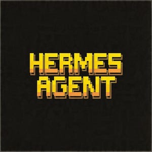Peut inclure: Sur fond noir, le texte "HERMES AGENT" est affiché dans une police pixelisée de style rétro. Les lettres jaunes sont soulignées d'orange et de marron, pour un design audacieux et accrocheur.