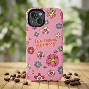 Groovy Floral Phone Case, Pink Retro iPhone Case, Tough Magnetic Case, Cute 70s Aesthetic Cover, Gift for Her