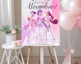 Cartello di benvenuto per compleanno Kpop, poster per feste modificabile su Canva, decorazioni a tema musicale rosa (download digitale)