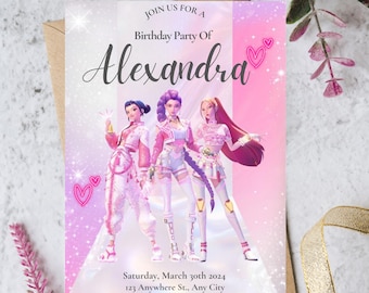 Modello di invito di compleanno Kpop, invito per festa Kpop rosa, design modificabile su Canva (download digitale)