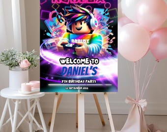 Cartello di benvenuto per la festa di compleanno di Roblox, modello Canva modificabile, poster di benvenuto per feste a tema videogiochi, decorazioni per feste a tema Roblox, cartello di compleanno per bambini, download digitale