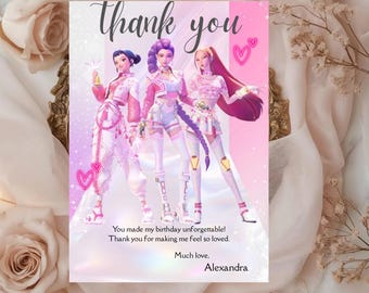 Tarjeta de agradecimiento Kpop, nota de cumpleaños editable en Canva, recuerdo de fiesta musical rosa (descarga digital)