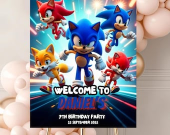 Cartello di benvenuto per la festa di compleanno di Sonic, decorazioni per feste a tema riccio blu, cartello d'ingresso per giocatori (download digitale)