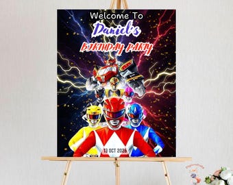 Cartello di benvenuto per la festa di compleanno dei Power Ranger, poster modificabile per feste a tema supereroi (download digitale)