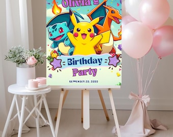 Cartello di benvenuto Pokémon, Cartello di benvenuto per compleanno Pokémon, Cartello per festa Pikachu, Decorazioni per feste Pokémon modificabili, Poster di benvenuto per compleanno per bambini