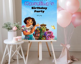 Cartello di benvenuto per la festa di compleanno di Encanto, poster per la festa di Mirabel Isabela (PDF modificabile)