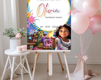 Cartello di benvenuto per la festa di compleanno di Encanto, poster per la festa di Mirabel Isabela (PDF modificabile)