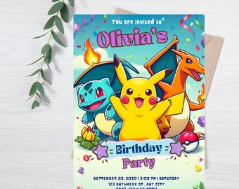 Invito di compleanno a tema Pokémon, Invito per festa a tema Pokémon, Invito di compleanno di Pikachu, Pokémon modificabili, Invito di compleanno per bambini, Modello Canva