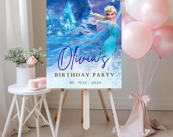 Cartello di benvenuto per la festa di compleanno a tema Frozen, Cartello di benvenuto per la festa a tema Frozen, Poster di benvenuto della Principessa Elsa e Anna, Decorazioni per la festa di compleanno a tema Frozen, Modificabile