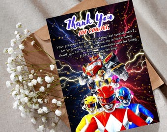 Biglietto di ringraziamento Power Ranger, compleanno supereroi, bomboniera personalizzabile (download digitale)