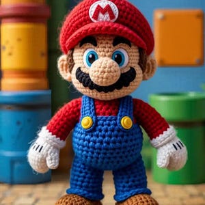 May include: A handmade crochet Mario doll, featuring a red hat with a white "M", blue overalls, and a black mustache. The doll has white gloves and brown shoes. The background includes colorful pipes and a blue sky.