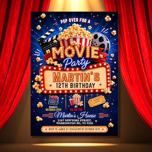 May include: A movie party invitation flyer featuring a red and white striped popcorn bucket, a film reel, and a clapperboard on a blue background. The text reads: POP OVER FOR A MOVIE PARTY, MARTIN'S 12TH BIRTHDAY, SUNDAY OCTOBER 21ST, 06:00 PM, MARTIN'S HOUSE, 2187 NEWYORK STREET, WASHINGTON DC, TX 9238, RSVP TO JAMES AT 123456789 BY OCTOBER 12TH.